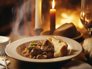 Steaming Veal Stew with Crusty Bread in Cozy French Bistro Setting