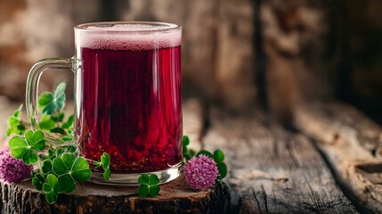 Red clover tea in glass cup on wood on rustic