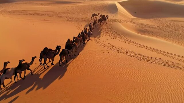 A long caravan of camels moves through rolling golden sand dunes under the warm sunlight, capturing a classic desert journey.