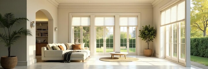 Cream house, symmetrical windows, blinds open ,  wall,  property
