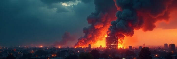 Obraz premium Dark clouds loom over burning building, smoke billows , dark, building