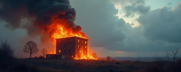 Fiery orange glow against a grey, overcast sky, building engulfed in flames ,  inferno,  grey,  sky