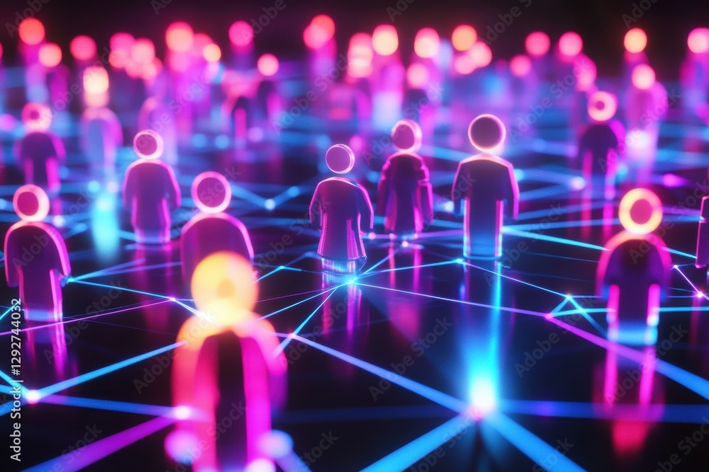Poster futuristic digital network features colorful 3d avatars interconnected by glowing neon lines in a vi