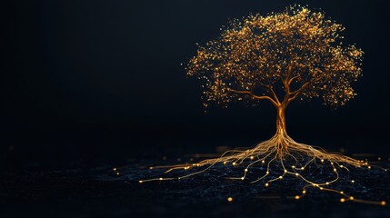 Growth of a strong oak tree with golden roots forest digital artwork nighttime symbolizing financial prosperity