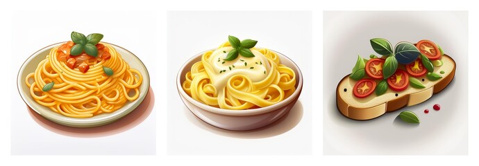 Three servings of delicious Italian food: spaghetti with tomato sauce, spaghetti with cream sauce and bruschetta with tomatoes and basil.