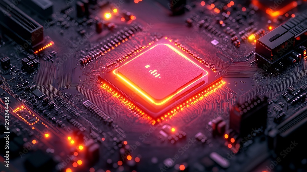 Poster secure connection & cybersecurity service concept – compute motherboard closeup with lock, verified 