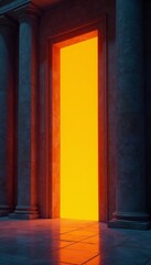 Fototapeta premium Orange light streams through imposing building entry, modern, commercial, design