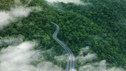 Aerial view of dark green forest road and white electric car Natural landscape and elevated roads Adventure travel and transportation and environmental protection concept	