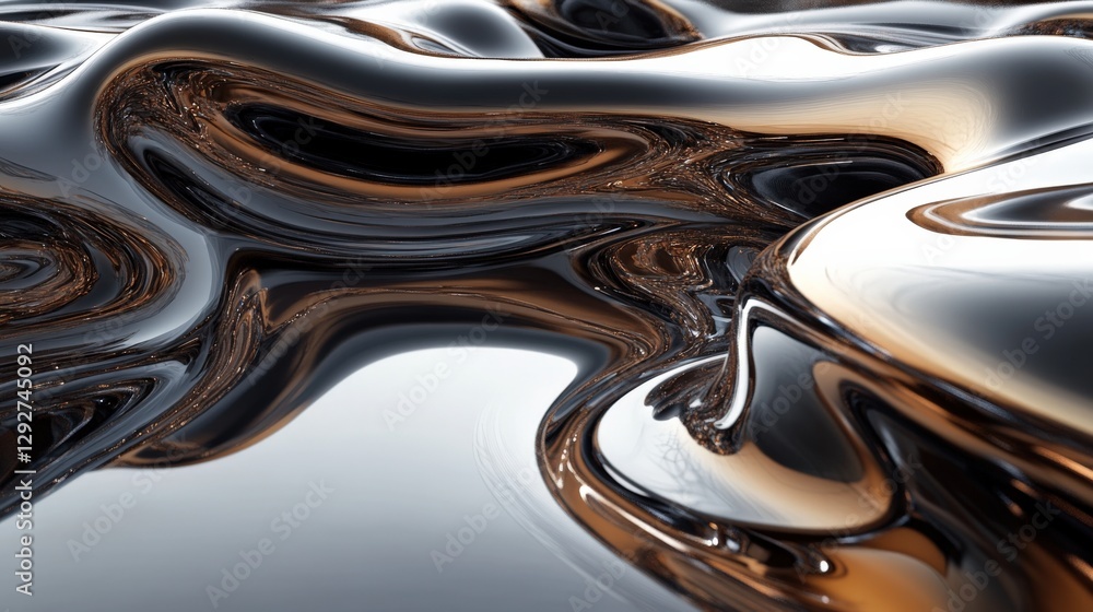 Poster abstract fluid shapes in black and bronze tones, creating a dynamic and shiny surface texture