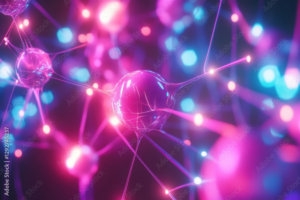 Poster Futuristic digital network showcasing colorful 3D avatars connected through glowing neon lines in a vibrant environment. Generative AI