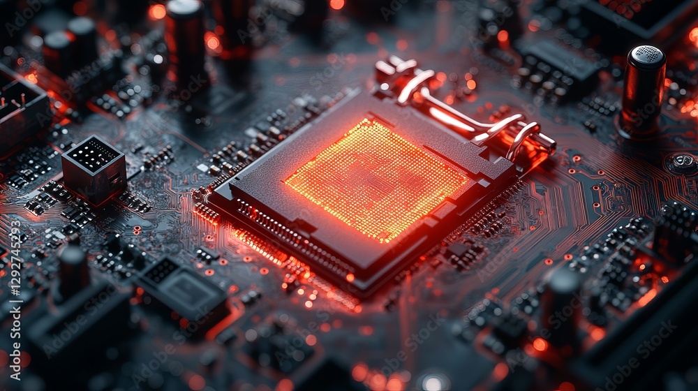 Poster secure connection & cybersecurity service concept – compute motherboard closeup with lock, verified 
