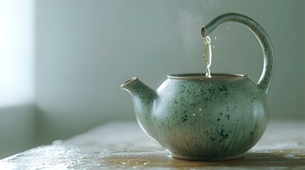 Closeup of green clay tea pot teapot on white