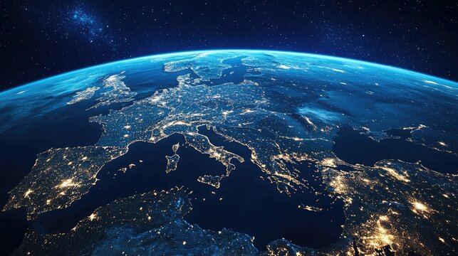 Europe at night showcasing city lights from outer space - Powered by Adobe
