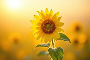 Obraz premium Golden Sunflower Blooming in Warm Sunset Light with Soft Bokeh and Gentle Breeze in a Tranquil Summer Field of Flowers