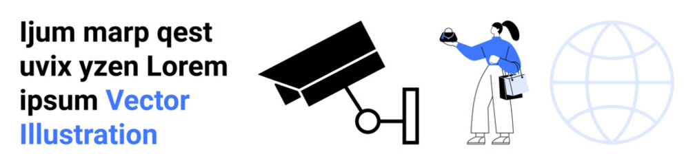 Surveillance camera observes surroundings, woman holds data and lab flask, and globe symbolizes network. Ideal for security, data analysis, science, technology, connectivity, research flat landing