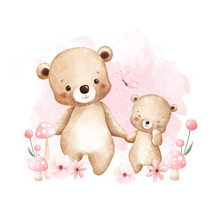 Watercolor Illustration Mother and Baby Bear with Pink Flowers