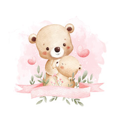 Watercolor Illustration Mother and Baby Bear with Pink Ribbon with Leaves