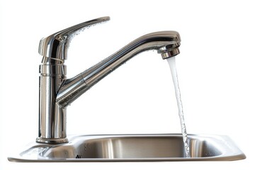 Water dripping from stainless steel sink pipe on a white backdrop