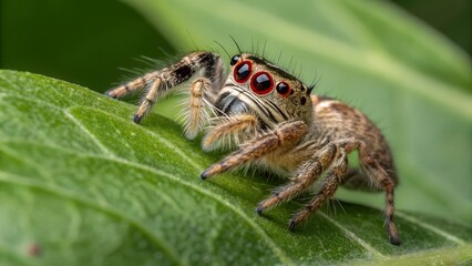 Macro Portrait of a Jumping Spider: A striking close-up of a jumping spider, showcasing its intricate details and unique features, resting on a vibrant green leaf. 