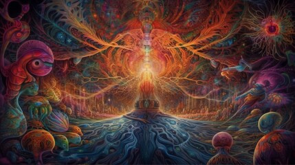 Fototapeta premium In a vivid dreamscape, I met insectoid beings and glowing entities from past trips. Amid electric energy from psilocybin, mescaline, and ayahuasca, fractals and spirals revealed cosmic.