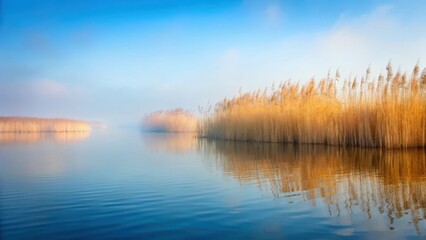Fototapeta premium Dense reed bed sways gently in misty sea fog with subtle ripples on the water surface, marine environment, tranquility