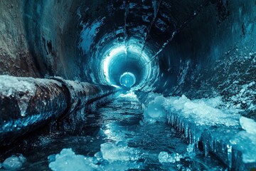 Water frozen after a pipe burst in winter