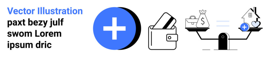 Blue medical cross symbol alongside wallet with cards and balance scale. Scale shows briefcase and money bag balanced against house and medical cross. Ideal for finance, healthcare, insurance