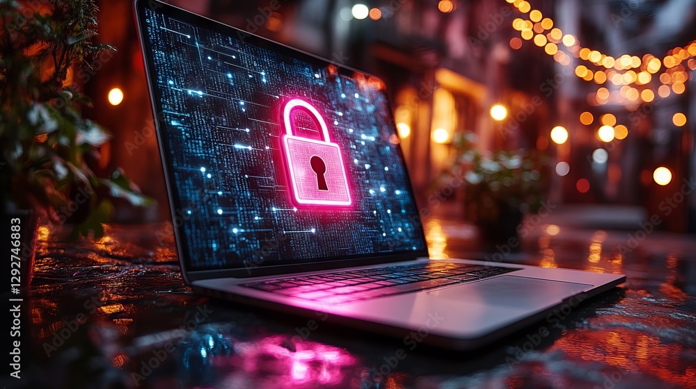 Aufkleber modern laptop screen display featuring digital lock icon representing cybersecurity, secure data pro