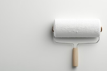 Obraz premium Home renovation work concept. Paint roller on a plain surface ready for use in home improvement projects.