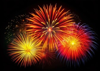 2023 Festive Red Yellow Orange Fireworks Display on Black Background - Stock Photo
