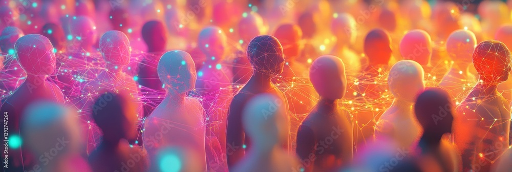 Poster Colorful avatars interconnected by glowing lines represent digital social media interaction and online connectivity. Generative AI