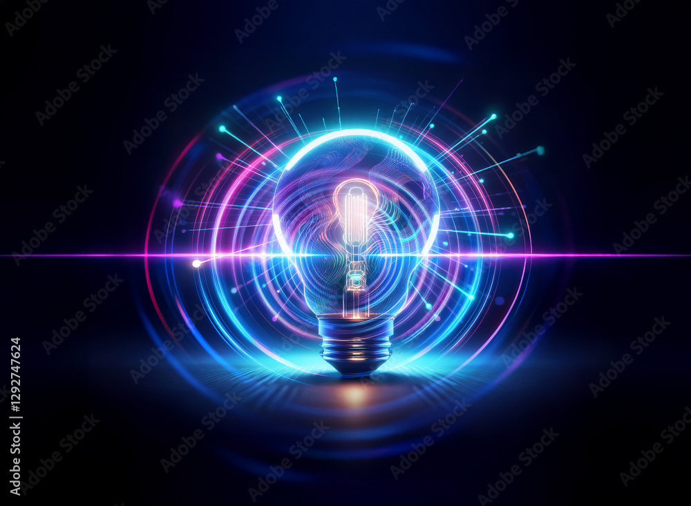 Poster a double exposure image shows a glowing lightbulb surrounded by vibrant neon circles and radiating l