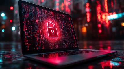 Modern laptop screen display featuring digital lock icon representing cybersecurity, secure data protection, and robust online defense