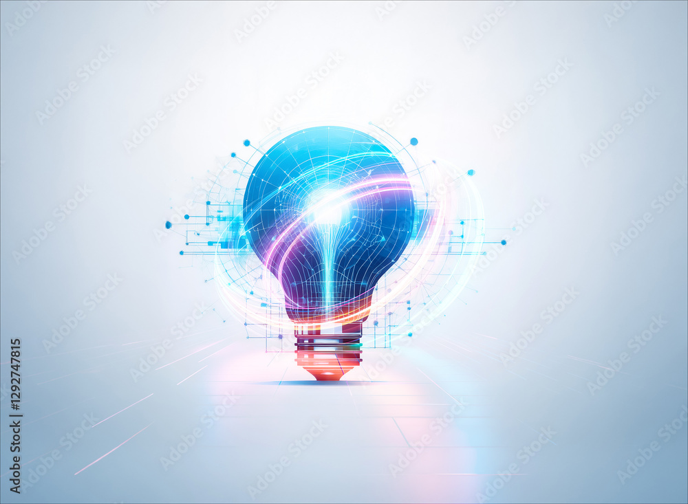 Poster a double exposure image of a light bulb with glowing digital lines and particles. it conveys concept