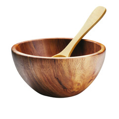 A beautifully crafted wooden bowl accompanied by a wooden spoon resting on a rustic surface evoking natural elegance isolated on transparent background..
