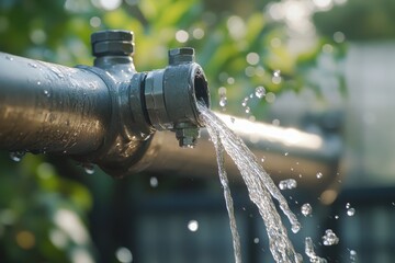 Water pipe system with steel and PVC pipes steel pipes emerge from a high pressure pump station linked to a steel tank in the background