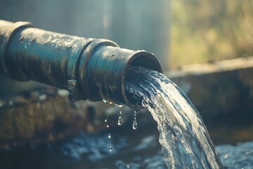 Water piping system with steel and PVC pipes featuring a steel pipe from a high pressure pumping station linked to a steel tank in the background