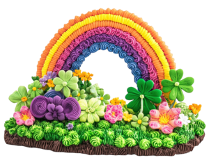 Colorful rainbow made of fondant over vibrant flower garden, symbolizing joy and creativity. This delightful scene features various flowers and greenery, perfect for celebrations