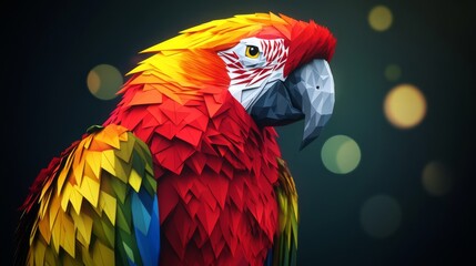 Colorful geometric parrot illustration with vibrant feathers and abstract background. Modern artistic design concept