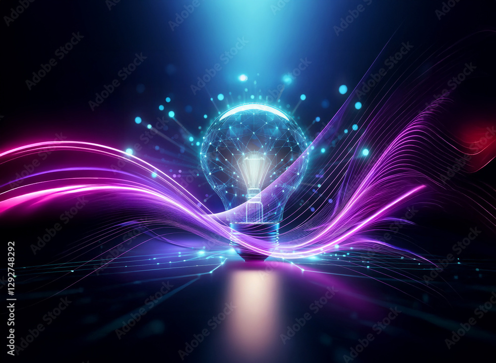 Poster a double exposure image shows a lightbulb emitting glowing lines and particles, creating a futuristi