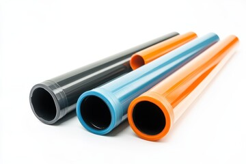 Fototapeta premium Water supply pipes for homes and facilities including plastic and PVC drain components on a white background