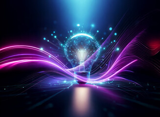 Obraz premium A double exposure image shows a lightbulb emitting glowing lines and particles, creating a futuristic and vibrant concept in blue and purple.