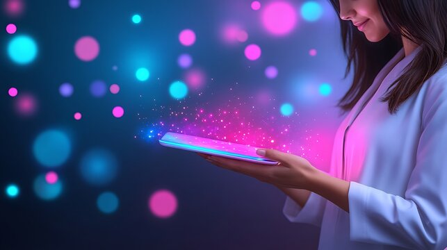 A Woman Holding A Tablet Computer With Glowing Lights