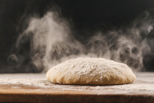 Freshly kneaded dough with flour dust and steam on a wooden surface, ready for baking