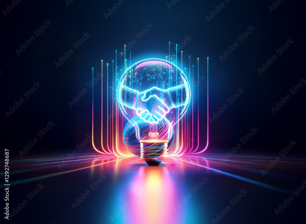 Aufkleber a neon handshake glows in a light bulb with double exposure, creating a futuristic and vibrant tech 