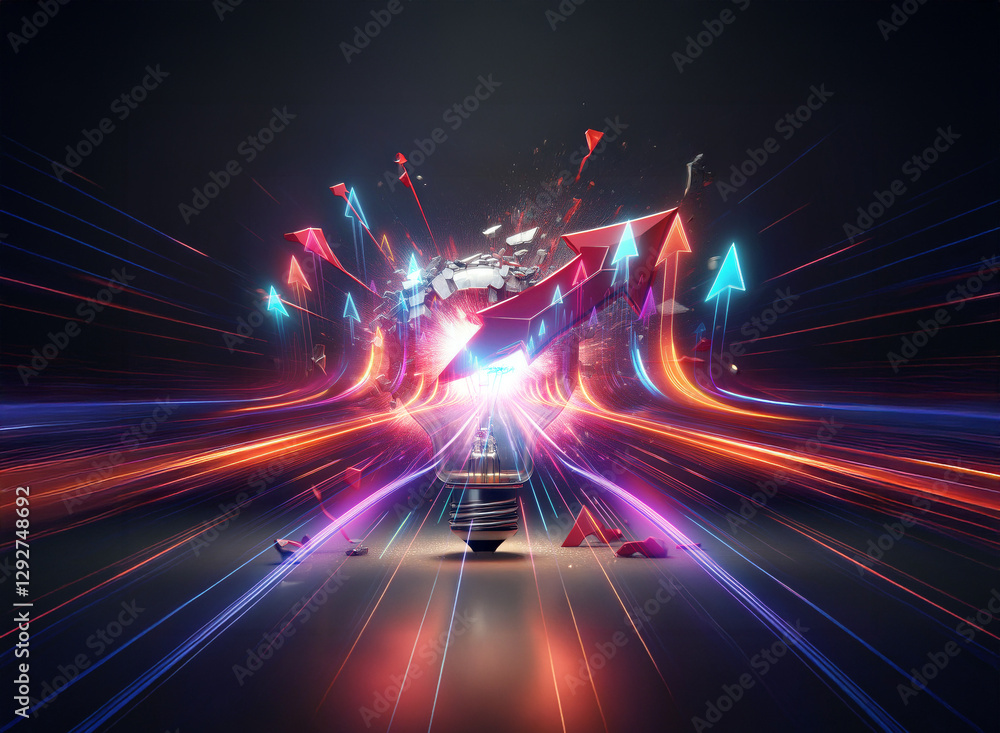 Poster dynamic double exposure image with bright light source and upward arrows. motion lines create a futu