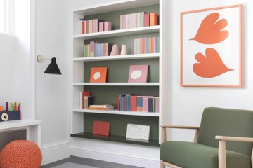 Bright Colorful Shelves Filled With Books And Art In A Cozy Home Office Setting For Engaging Virtual Meetings