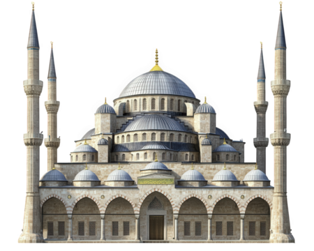 Stunning mosque architecture featuring multiple domes and minarets, showcasing intricate details and grandeur. symbol of cultural heritage and religious significance