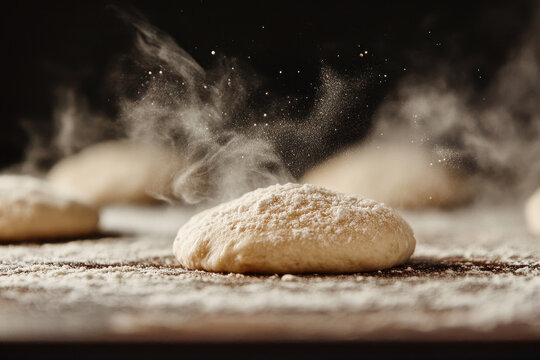 Two Portions of Fresh Dough on a Wooden Cutting Board with Flour Dust and Rising Steam Against a Dark Background, Ready for Baking Bread or Pizza