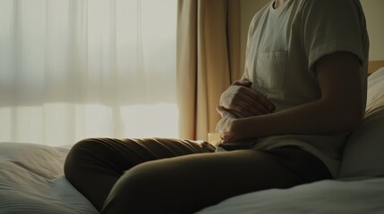 Abdominal pain from food poisoning, a person sitting on a bed holding their stomach. Featuring discomfort and healing tips